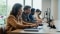 The image shows employees working at a table