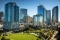 The image shows a park and trees in front of glazed skyscrapers.